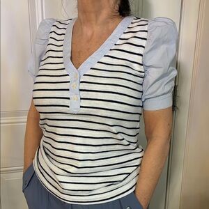 LOFT Navy and Light Blue Striped Puff-Sleeve V-Neck Top
